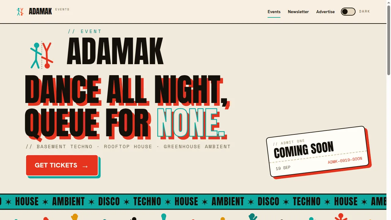 Screenshot van het ticket- en toegangsplatform van Adamak Events