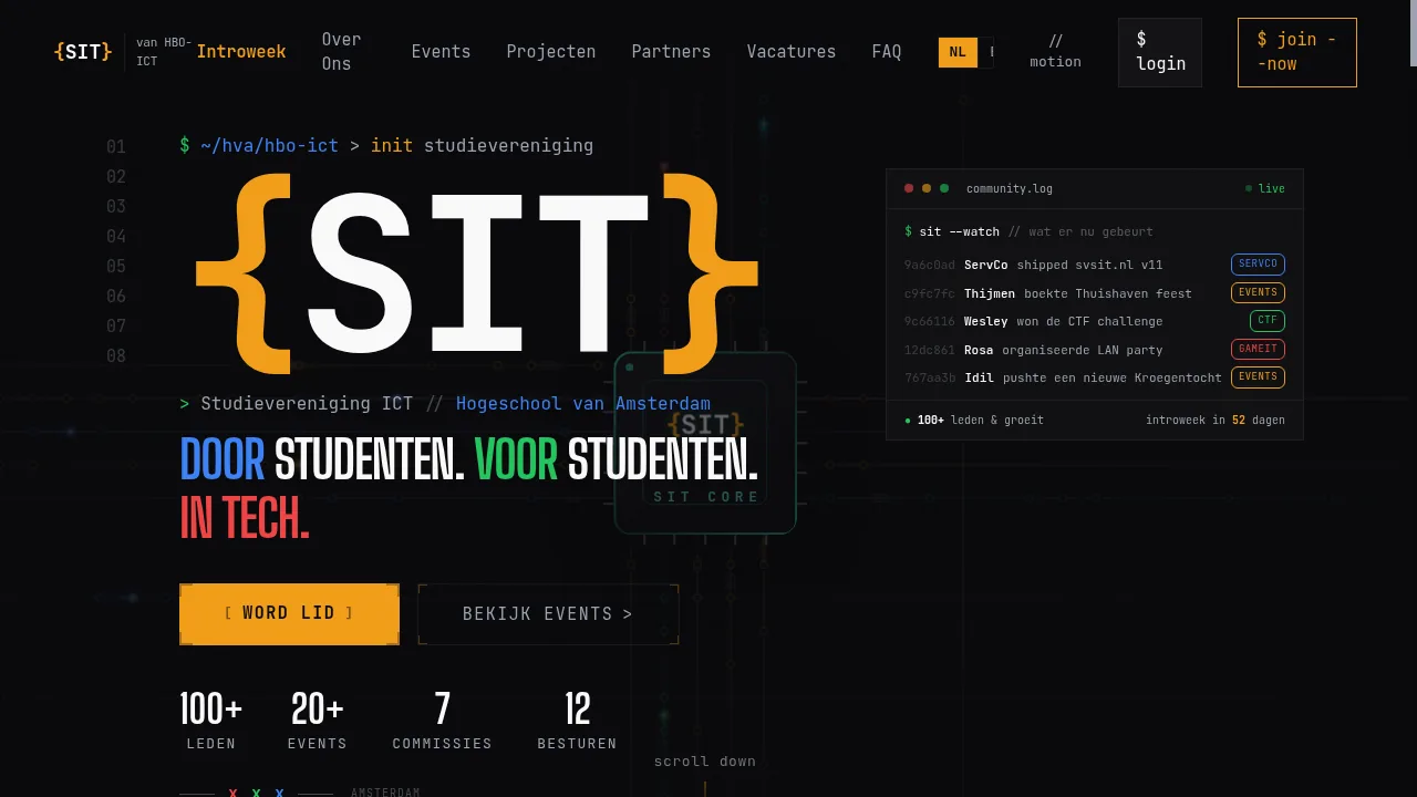 Screenshot van de futuristische website van Studievereniging ICT aan de Hogeschool van Amsterdam